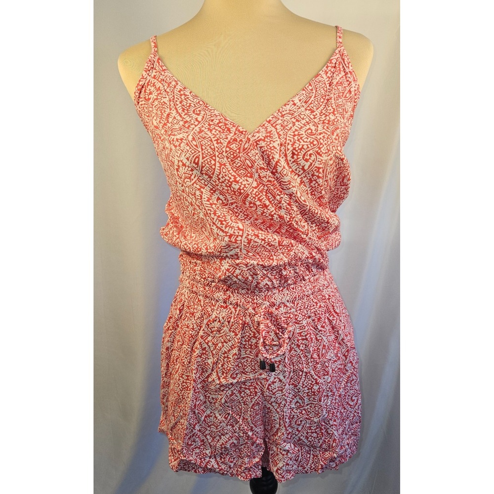 Splendid Romper Women Small Red White Boho Tribal Print Surplice Rayon Summer‎
